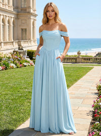 Chiffon A Line Off the Shoulder Pleated Bridesmaid Dresses