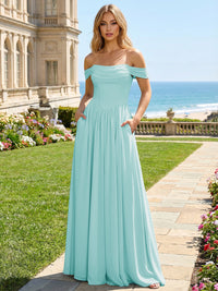 Chiffon A Line Off the Shoulder Pleated Bridesmaid Dresses