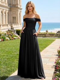Chiffon A Line Off the Shoulder Pleated Bridesmaid Dresses