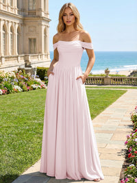 Chiffon A Line Off the Shoulder Pleated Bridesmaid Dresses