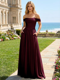 Chiffon A Line Off the Shoulder Pleated Bridesmaid Dresses