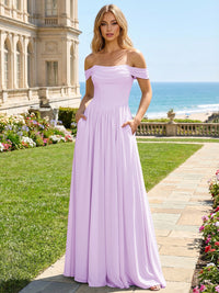 Chiffon A Line Off the Shoulder Pleated Bridesmaid Dresses