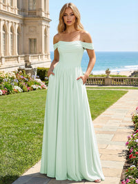 Chiffon A Line Off the Shoulder Pleated Bridesmaid Dresses