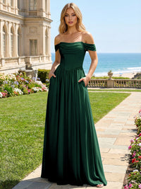 Chiffon A Line Off the Shoulder Pleated Bridesmaid Dresses