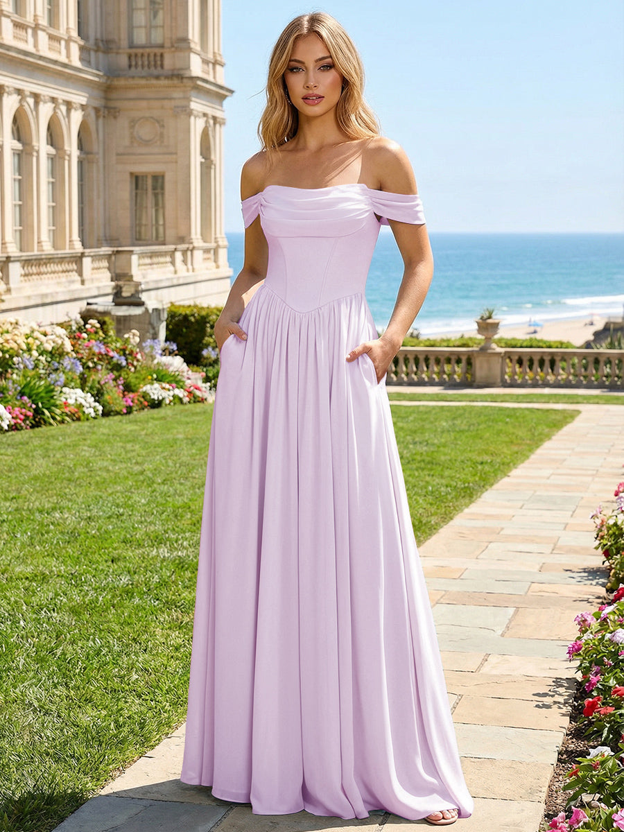 Chiffon A Line Off the Shoulder Pleated Bridesmaid Dresses