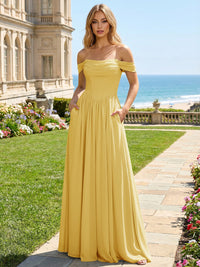Chiffon A Line Off the Shoulder Pleated Bridesmaid Dresses