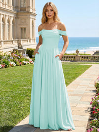 Chiffon A Line Off the Shoulder Pleated Bridesmaid Dresses
