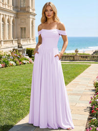 Chiffon A Line Off the Shoulder Pleated Bridesmaid Dresses