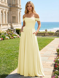 Chiffon A Line Off the Shoulder Pleated Bridesmaid Dresses