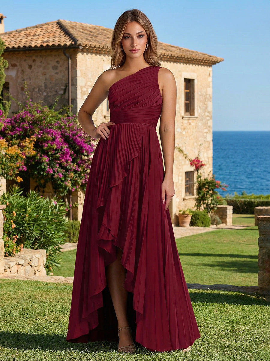 Chiffon High Low One Shoulder Ruffles Bridesmaid Dresses