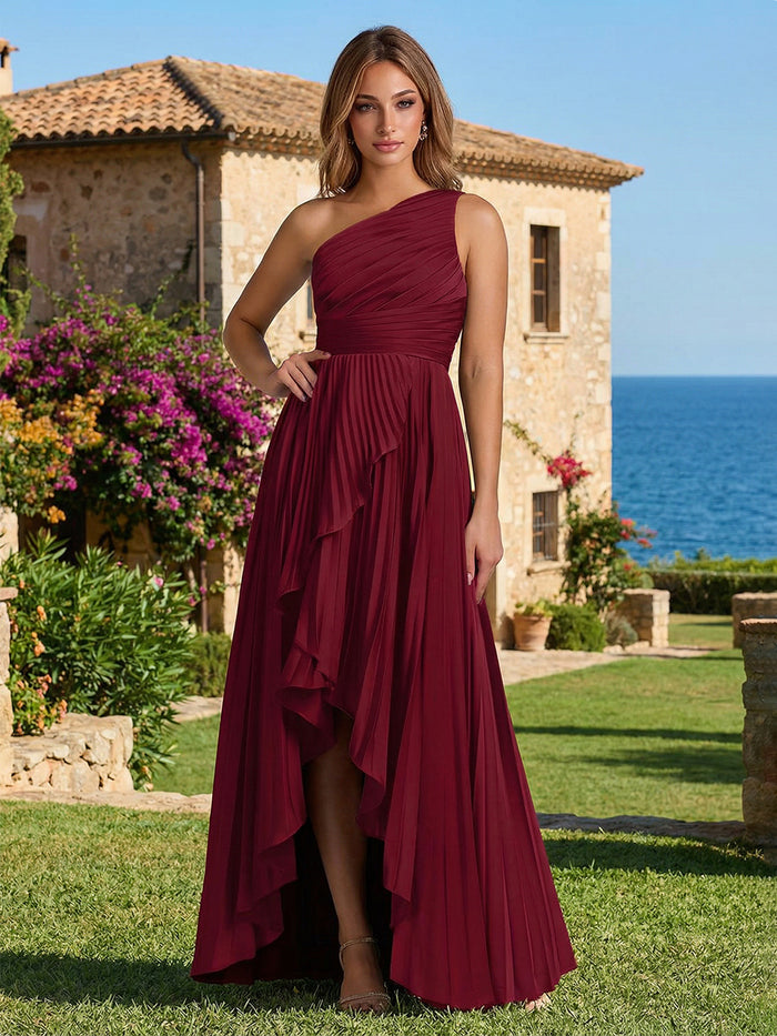 Chiffon High Low One Shoulder Ruffles Bridesmaid Dresses