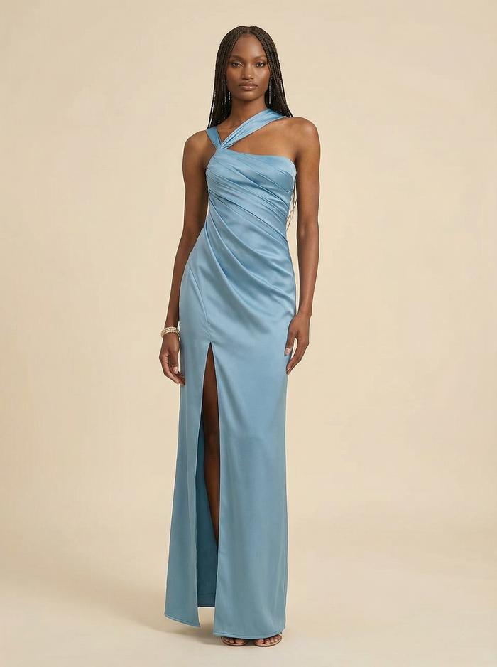 Halter Satin Mermaid Bridesmaid Dresses with Slit
