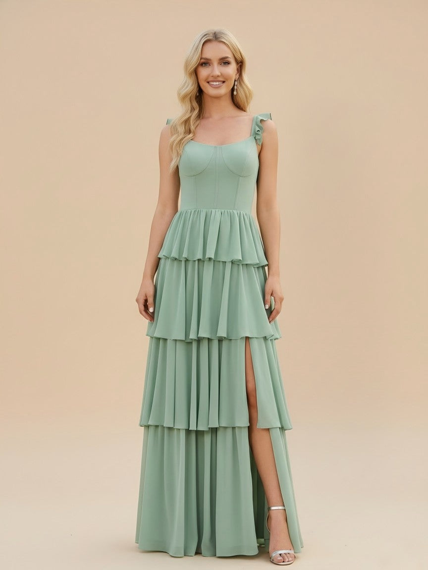 Spaghetti Straps Chiffon A Line Bridesmaid Dresses with Slit