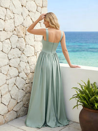 Spaghetti Straps Satin A Line Bridesmaid Dresses with Slit