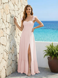 Spaghetti Straps Chiffon A Line Bridesmaid Dresses with Slit