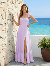 Spaghetti Straps Chiffon A Line Bridesmaid Dresses with Slit
