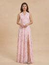 Halter Pleated Floral Chiffon Bridesmaid Dresses with Slit