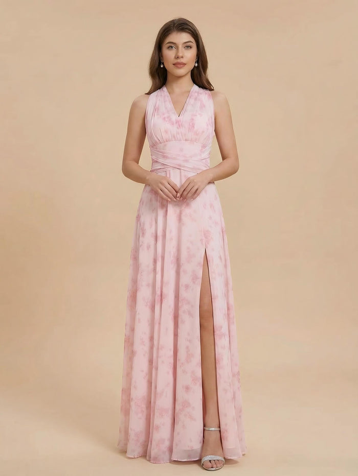 Halter Pleated Floral Chiffon Bridesmaid Dresses with Slit