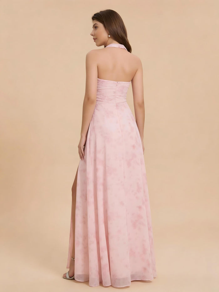 Halter Pleated Floral Chiffon Bridesmaid Dresses with Slit