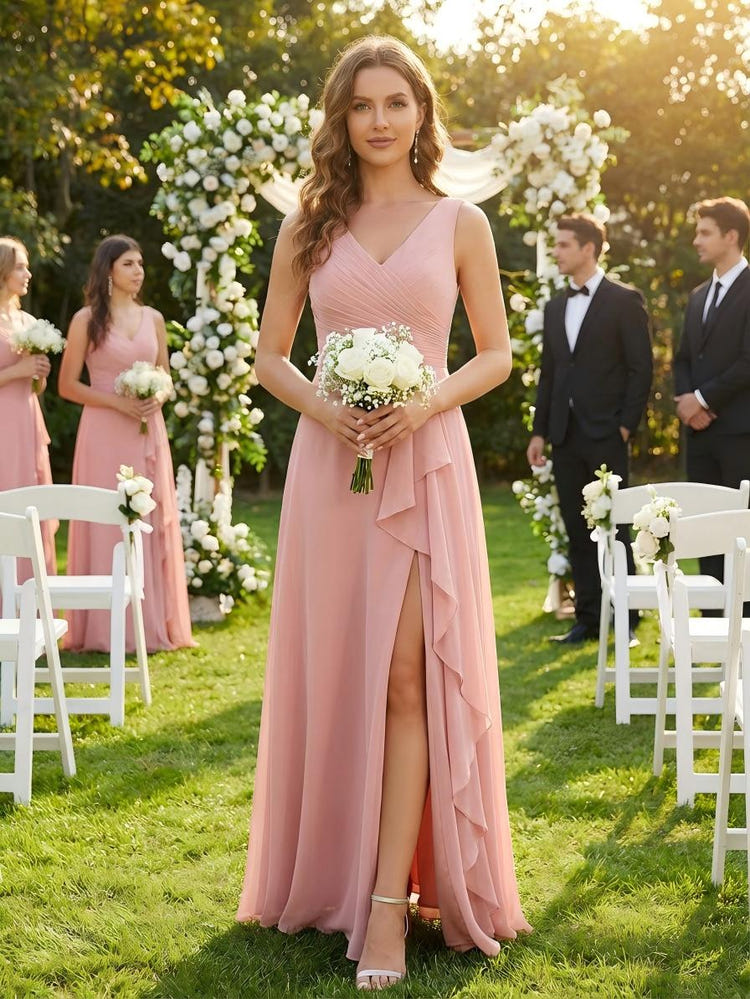 Double V Neck A Line Ruffles Bridesmaid Dresses with Slit