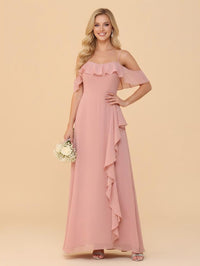 Off the Shoulder Ruffles Chiffon Bridesmaid Dresses with Slit