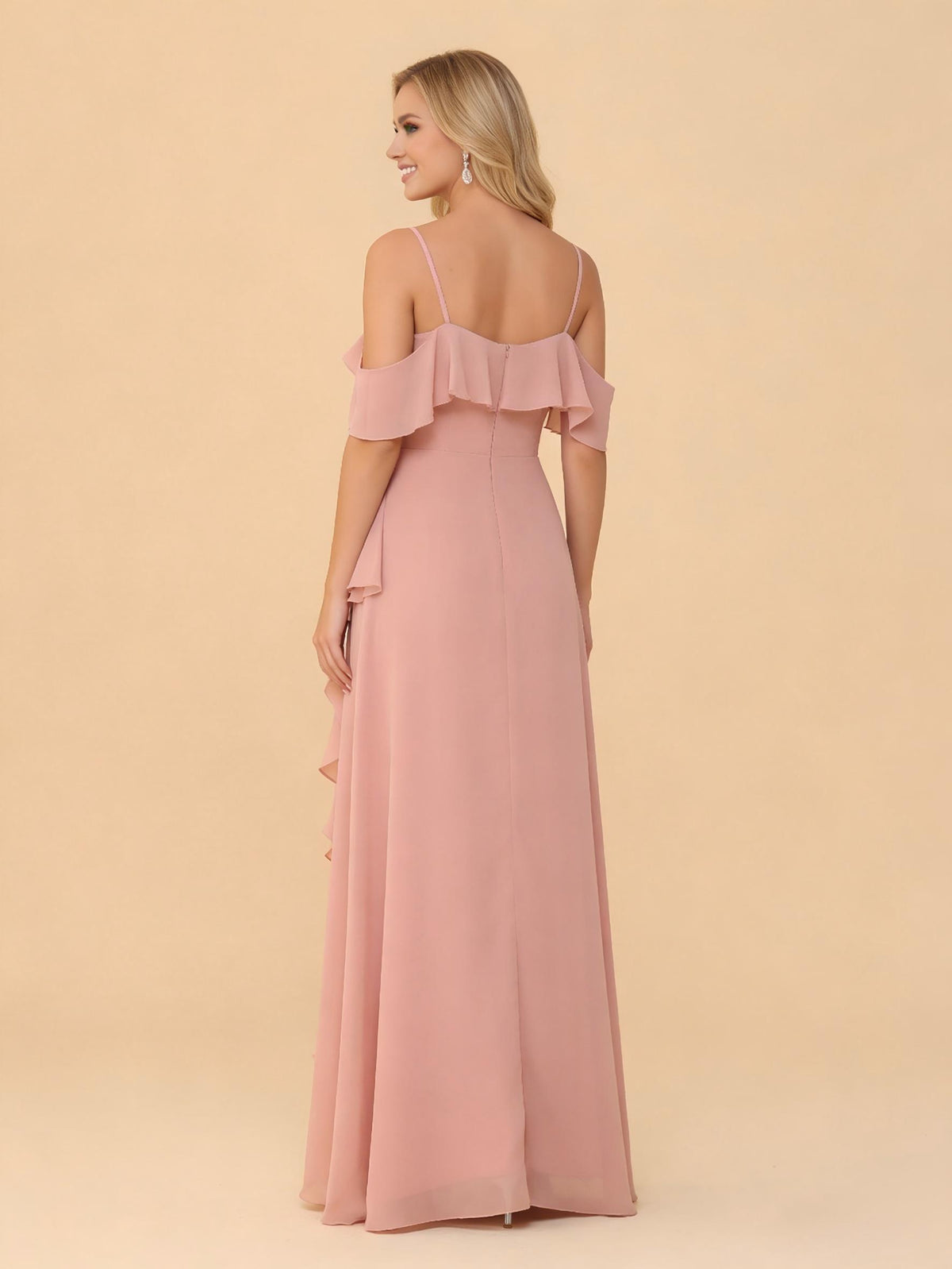 Off the Shoulder Ruffles Chiffon Bridesmaid Dresses with Slit