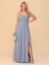 Spaghetti Straps V Neck Chiffon Bridesmaid Dresses with Slit