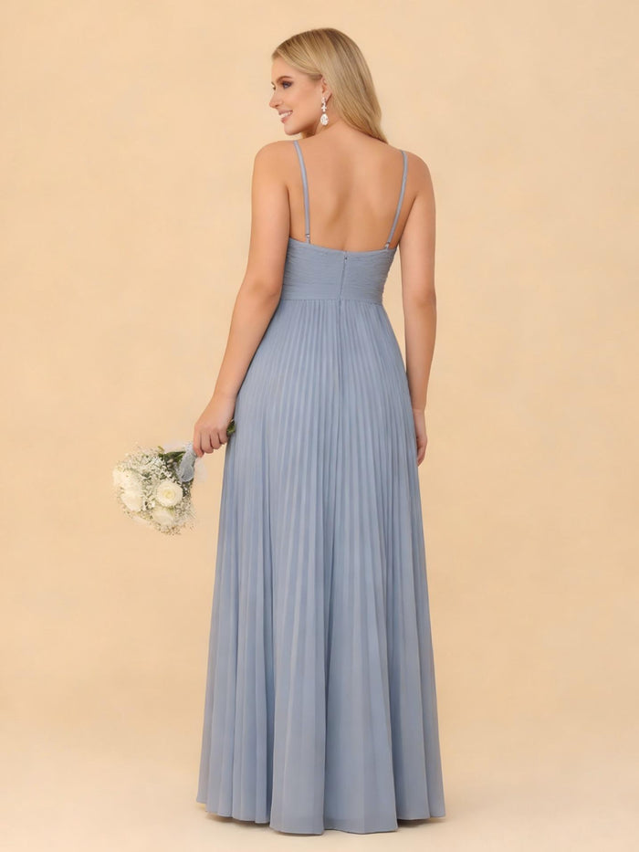 Spaghetti Straps V Neck Chiffon Bridesmaid Dresses with Slit
