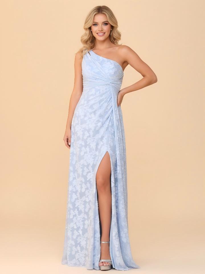 One Shoulder Floral Burnout Bridesmaid Dresses with Slit