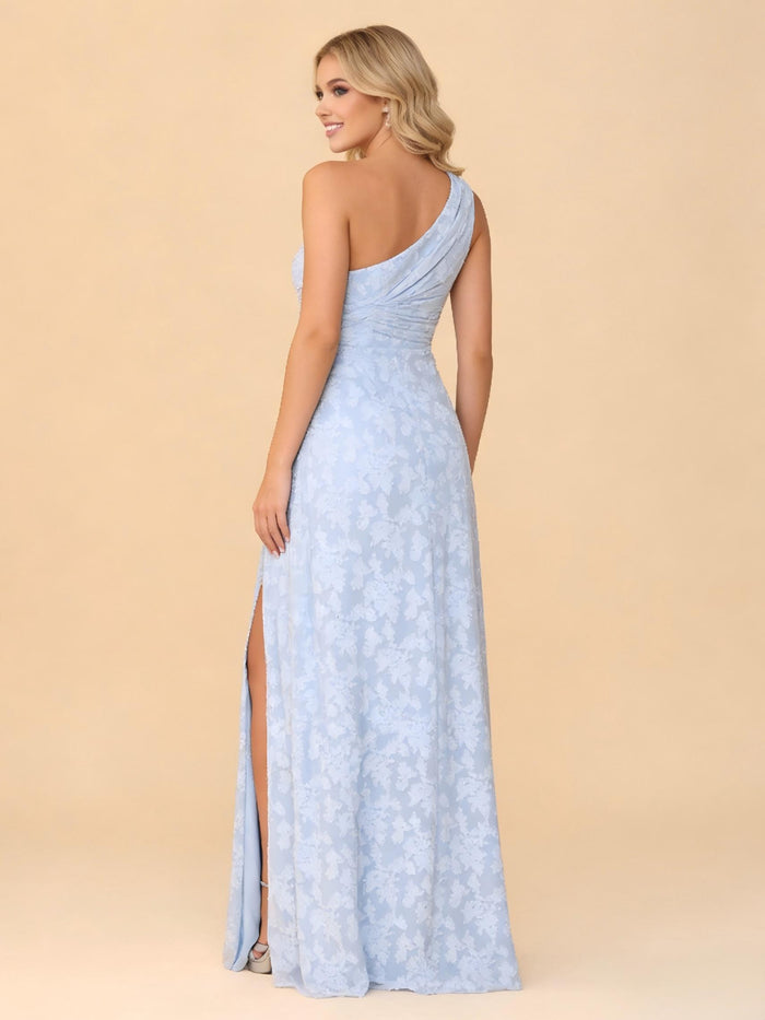 One Shoulder Floral Burnout Bridesmaid Dresses with Slit