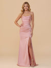 Spaghetti Straps Satin Bridesmaid Dresses with Slit