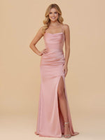 Spaghetti Straps Satin Bridesmaid Dresses with Slit