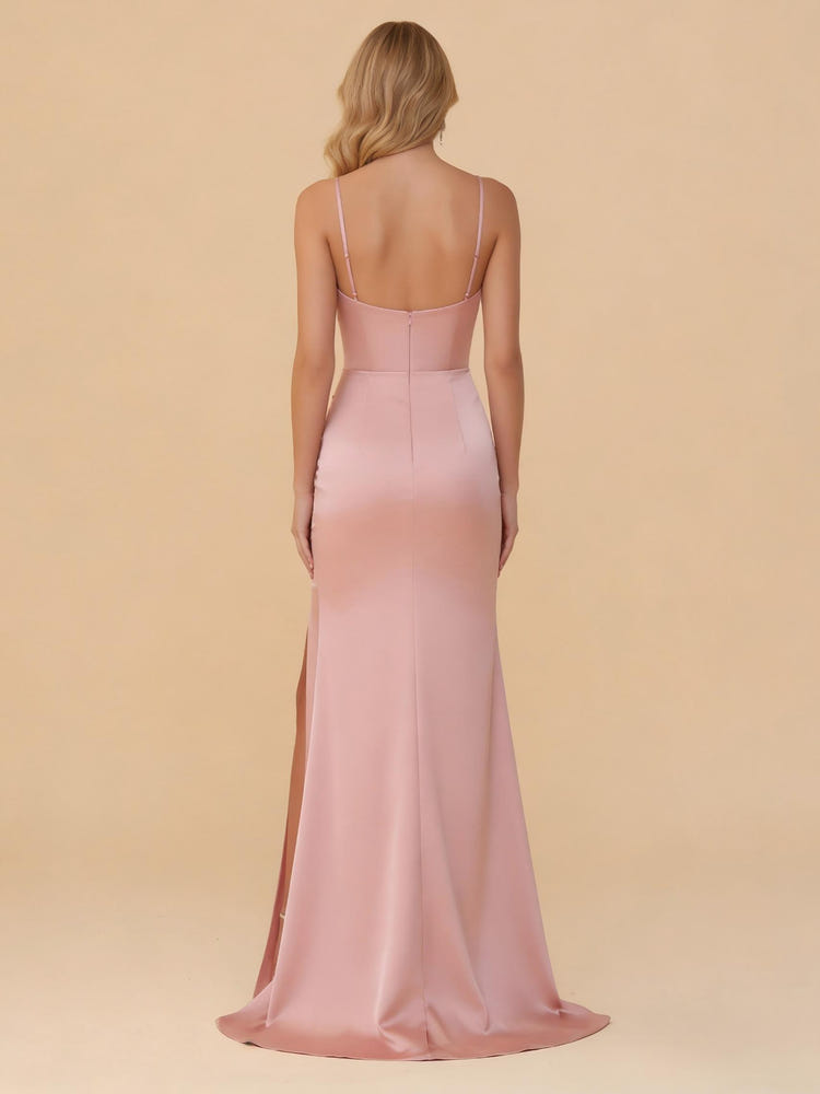 Spaghetti Straps Satin Bridesmaid Dresses with Slit