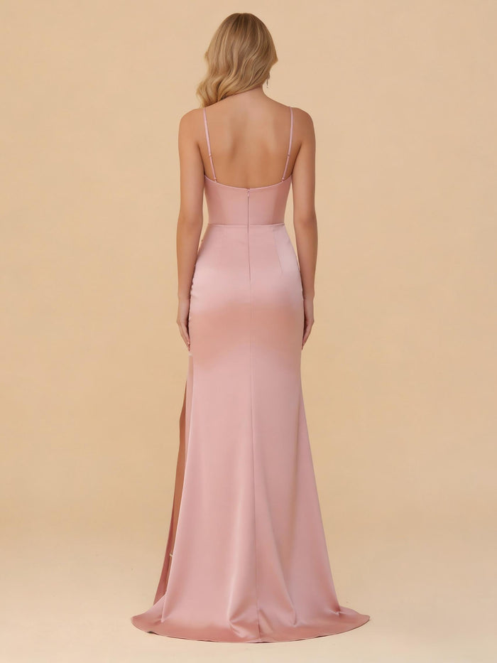 Spaghetti Straps Satin Bridesmaid Dresses with Slit