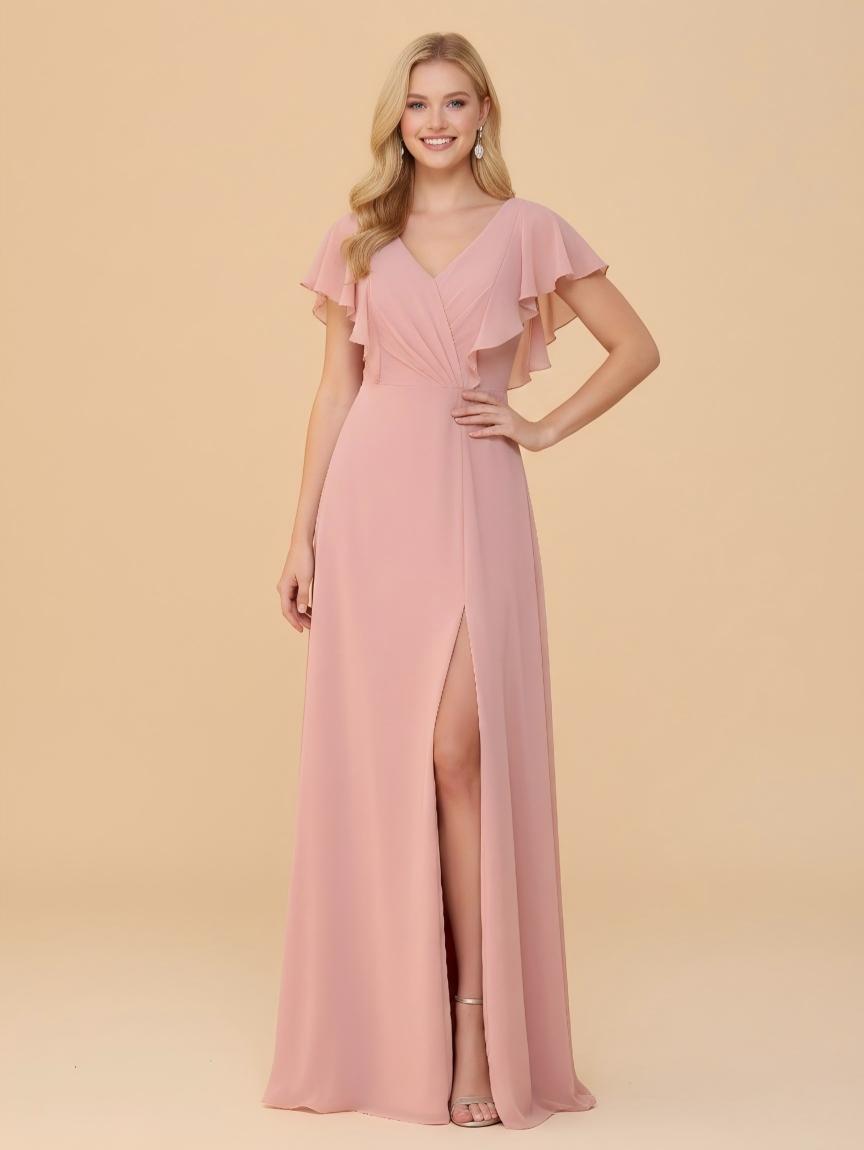 Short Sleeves V Neck Chiffon Bridesmaid Dresses with Slit