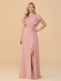 Short Sleeves V Neck Chiffon Bridesmaid Dresses with Slit