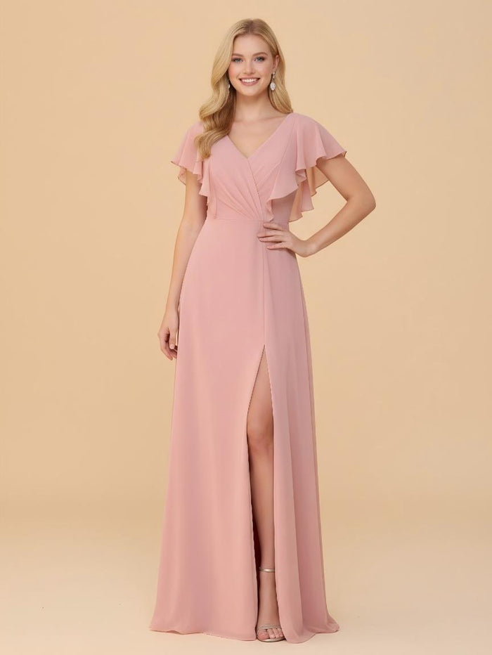 Short Sleeves V Neck Chiffon Bridesmaid Dresses with Slit