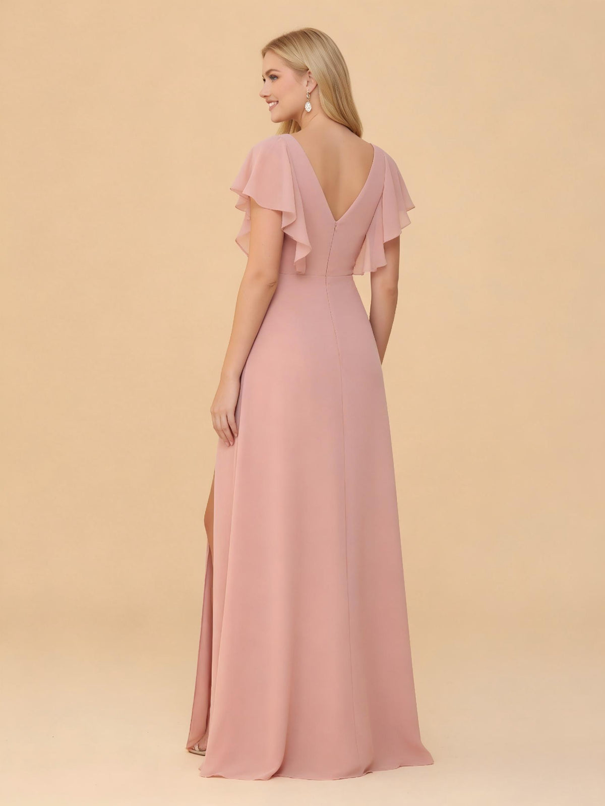 Short Sleeves V Neck Chiffon Bridesmaid Dresses with Slit