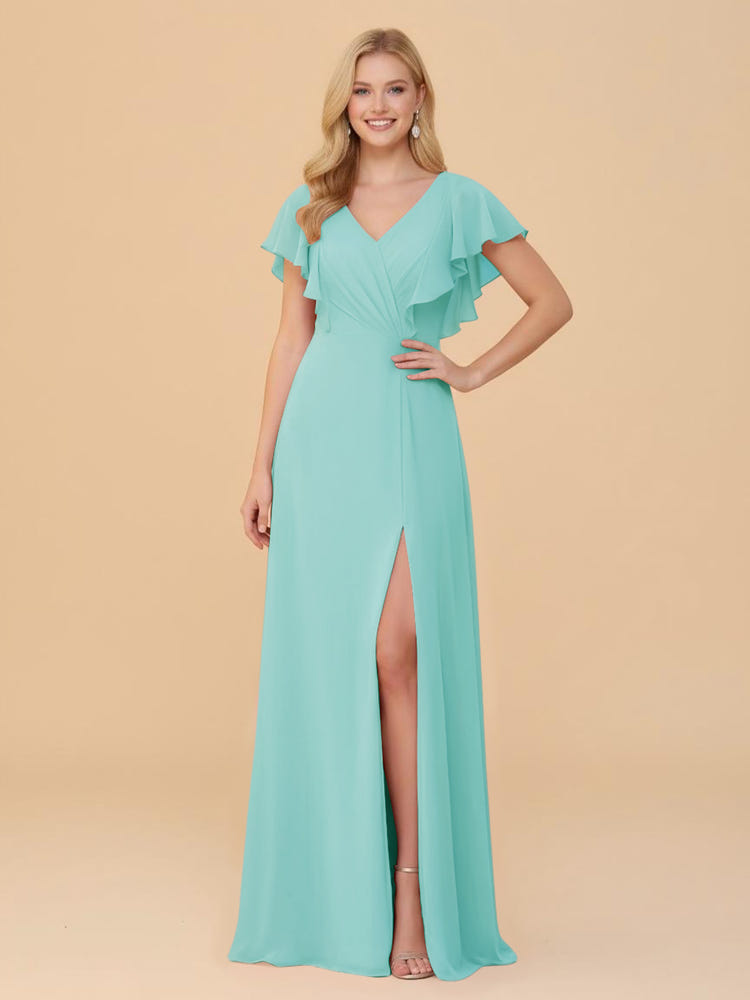 Gracins Turquoise Short Sleeves V Neck Chiffon Bridesmaid Dresses with Slit 2026