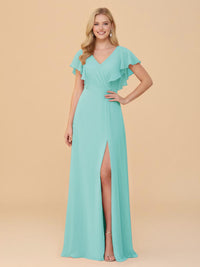 Short Sleeves V Neck Chiffon Bridesmaid Dresses with Slit