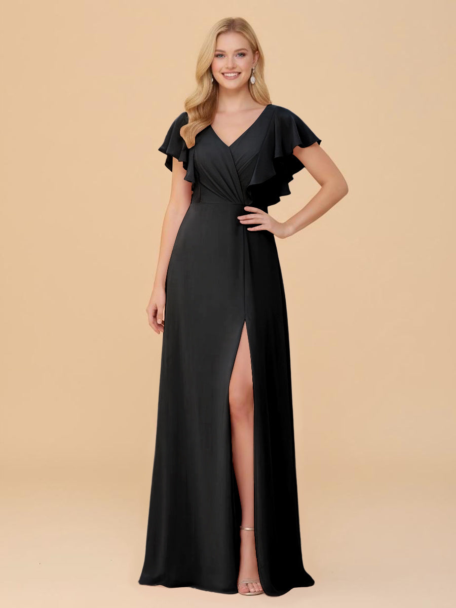 Short Sleeves V Neck Chiffon Bridesmaid Dresses with Slit