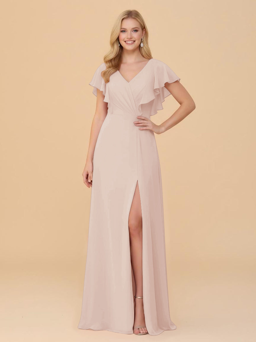 Short Sleeves V Neck Chiffon Bridesmaid Dresses with Slit