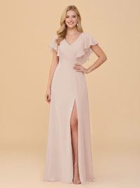 Short Sleeves V Neck Chiffon Bridesmaid Dresses with Slit