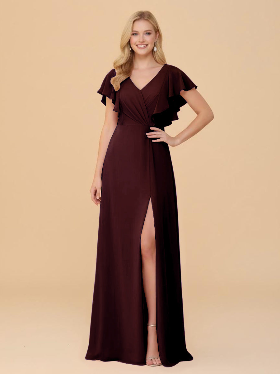 Short Sleeves V Neck Chiffon Bridesmaid Dresses with Slit