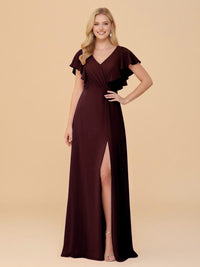 Short Sleeves V Neck Chiffon Bridesmaid Dresses with Slit