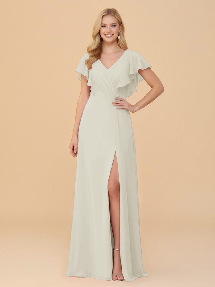 Short Sleeves V Neck Chiffon Bridesmaid Dresses with Slit