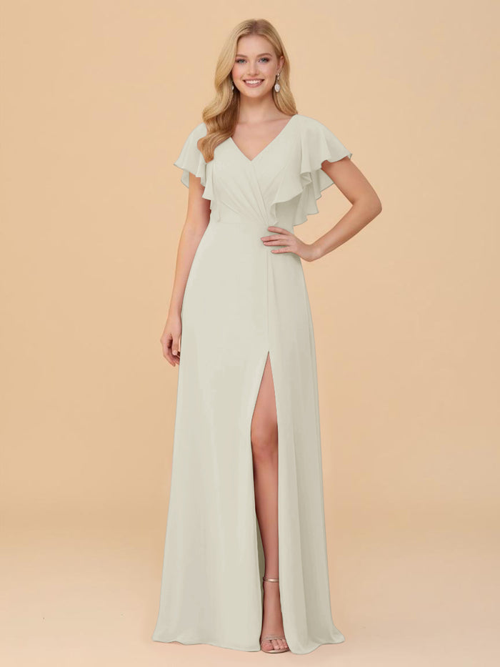 Short Sleeves V Neck Chiffon Bridesmaid Dresses with Slit