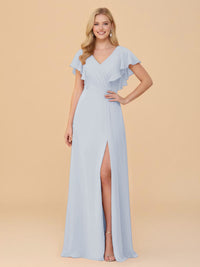 Short Sleeves V Neck Chiffon Bridesmaid Dresses with Slit