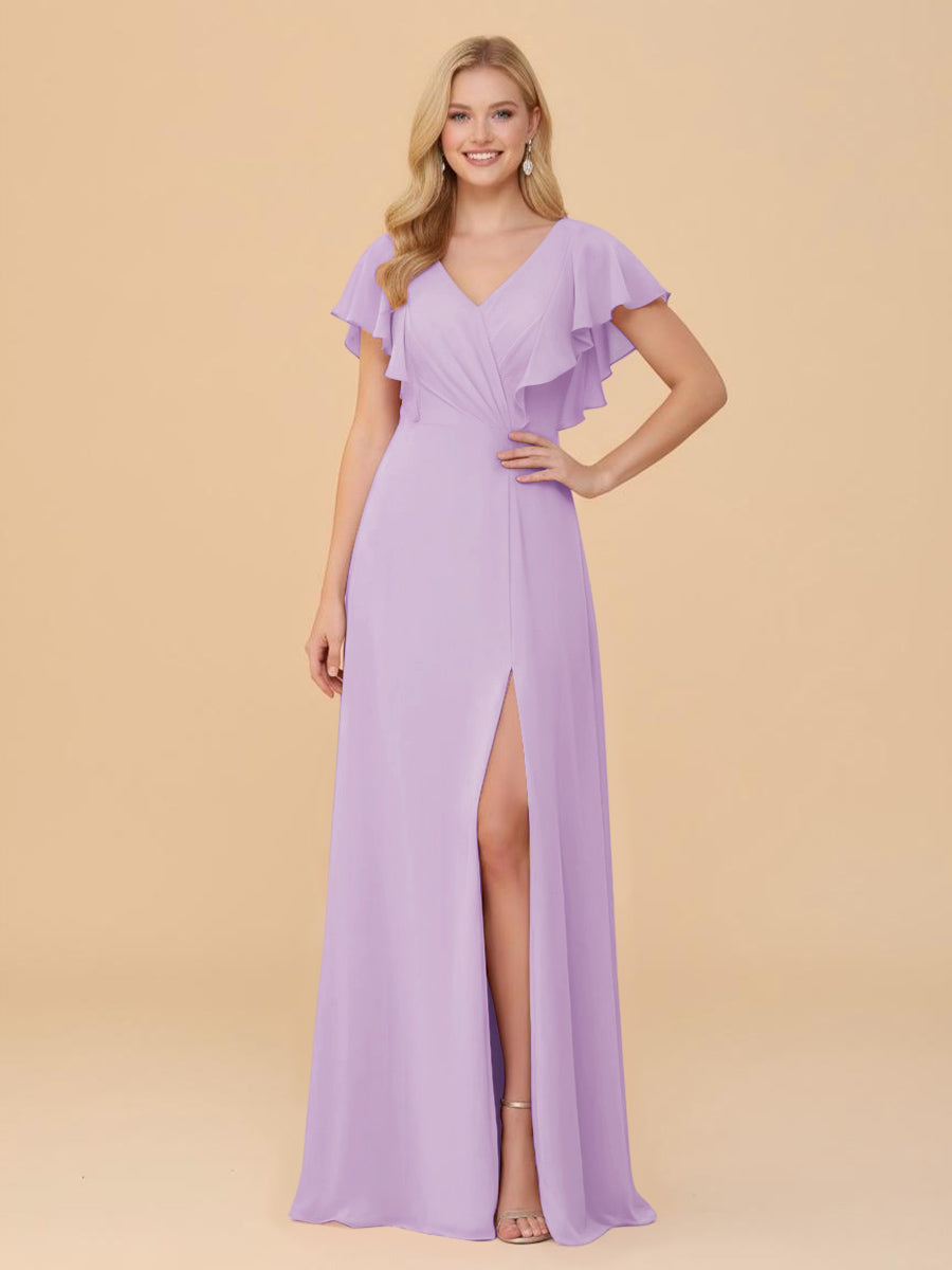Short Sleeves V Neck Chiffon Bridesmaid Dresses with Slit