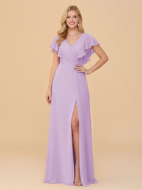 Short Sleeves V Neck Chiffon Bridesmaid Dresses with Slit